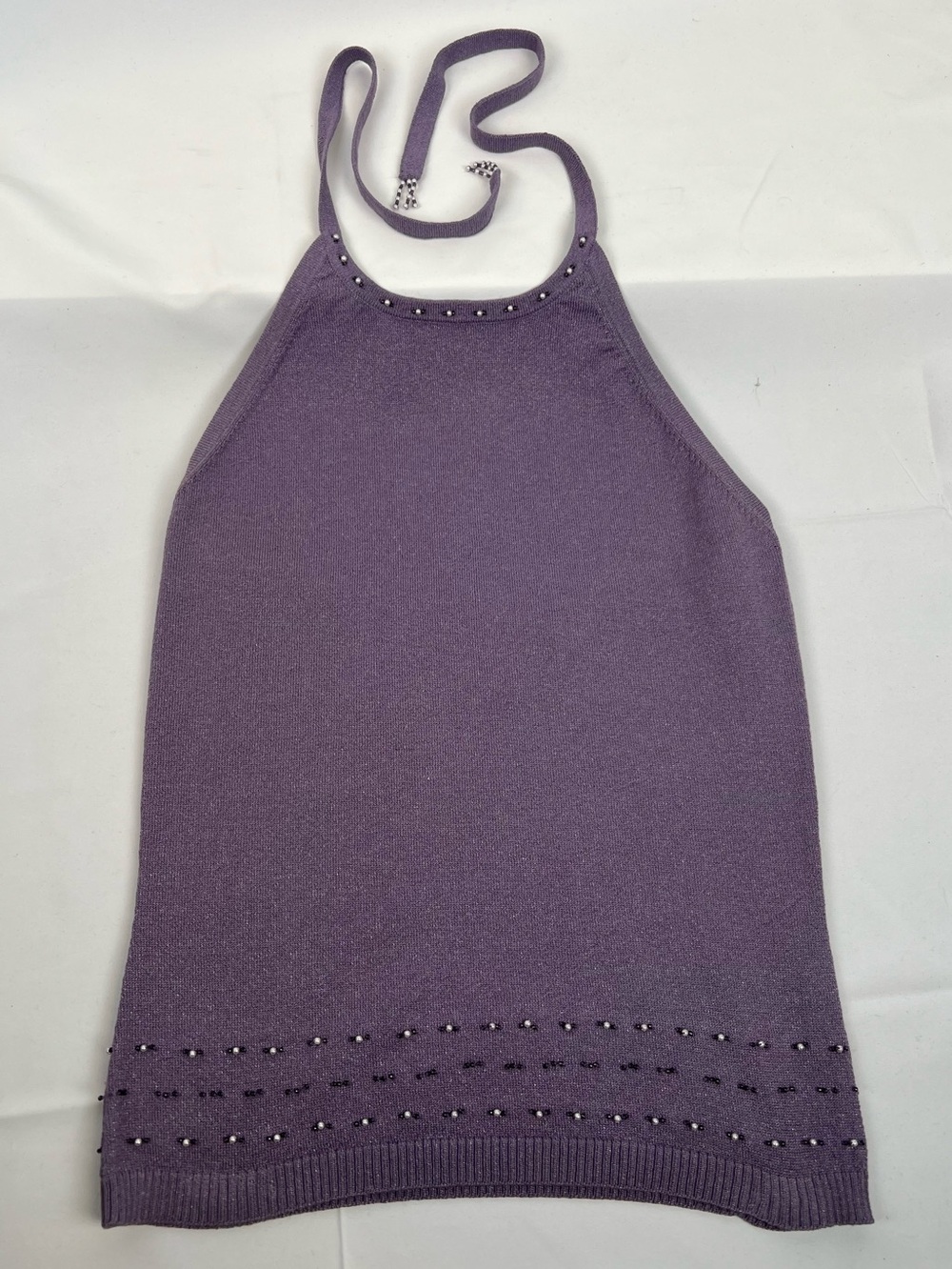 VINTAGE NICOLE MILLER SILK BLEND BEADED SLEEVELESS HALTER TOP SM LAVENDER/LILAC
